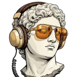 Classical bust wearing headphones and sunglasses.